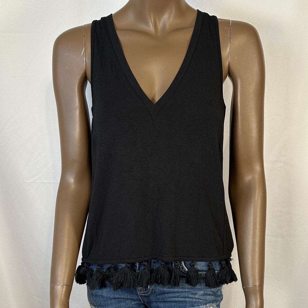 Tart Black Sleeveless Top with Tassel Hem